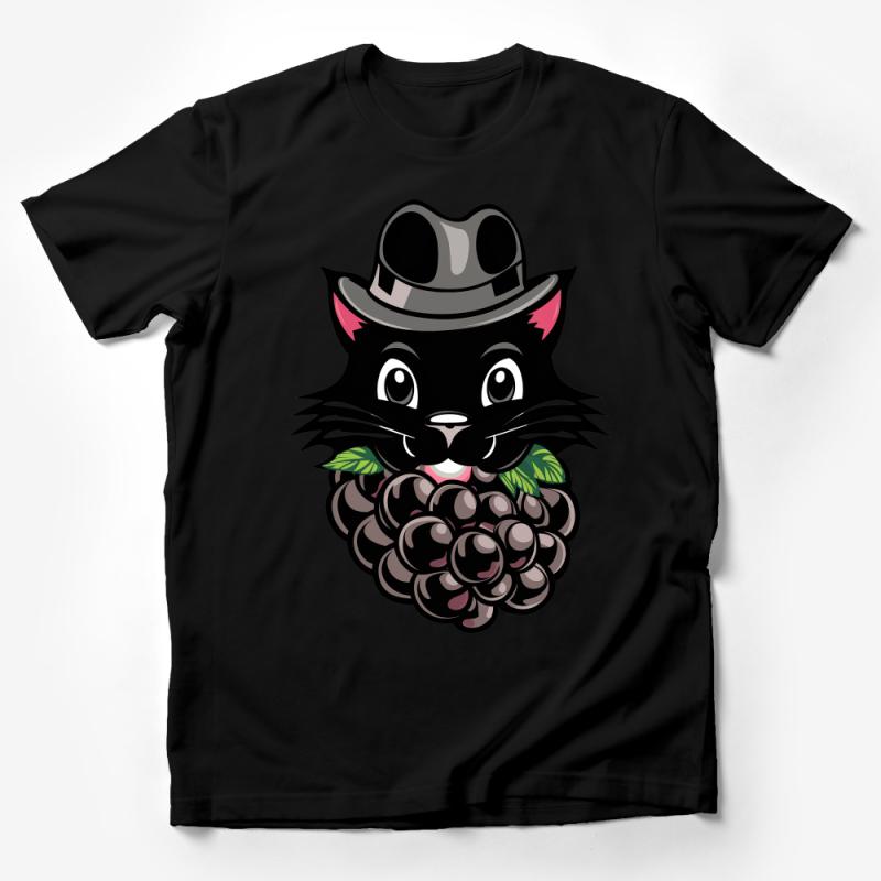 Black Cat with Beret Hat Holding Grapes T-Shirt, Unisex Graphic Tee, Casual Shirt for Wine Lovers, Gift Idea Male T-Shirt