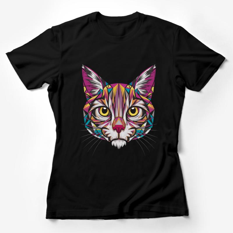 Colorful Geometric Cat Face T-Shirt, Abstract Animal Art, Trendy Hipster Graphic Tee, Unisex Adult Clothing Female T-Shirt