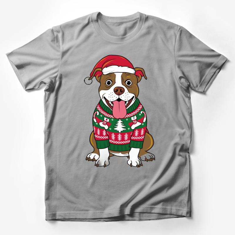 Cute Bulldog Christmas T-Shirt with Santa Hat, Festive Dog Lover Gift, Fun Holiday Apparel, Unisex Graphic Tee Male T-Shirt