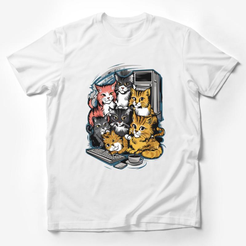 Cat Lover T-Shirt, Cute Cartoon Feline Friends, Unisex Graphic Tee, Computer Geek Cat Print, Casual Wear Male T-Shirt