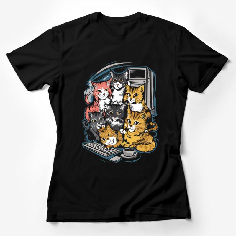 Cat Lover T-Shirt, Cute Cartoon Feline Friends, Unisex Graphic Tee, Computer Geek Cat Print, Casual Wear Female T-Shirt