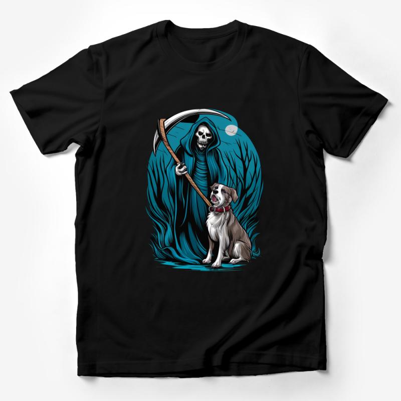 Grim Reaper and Loyal Dog Graphic Tee, Creepy Cute Death and Pet, Moonlit Scythe, Unique Horror T-Shirt Design Male T-Shirt