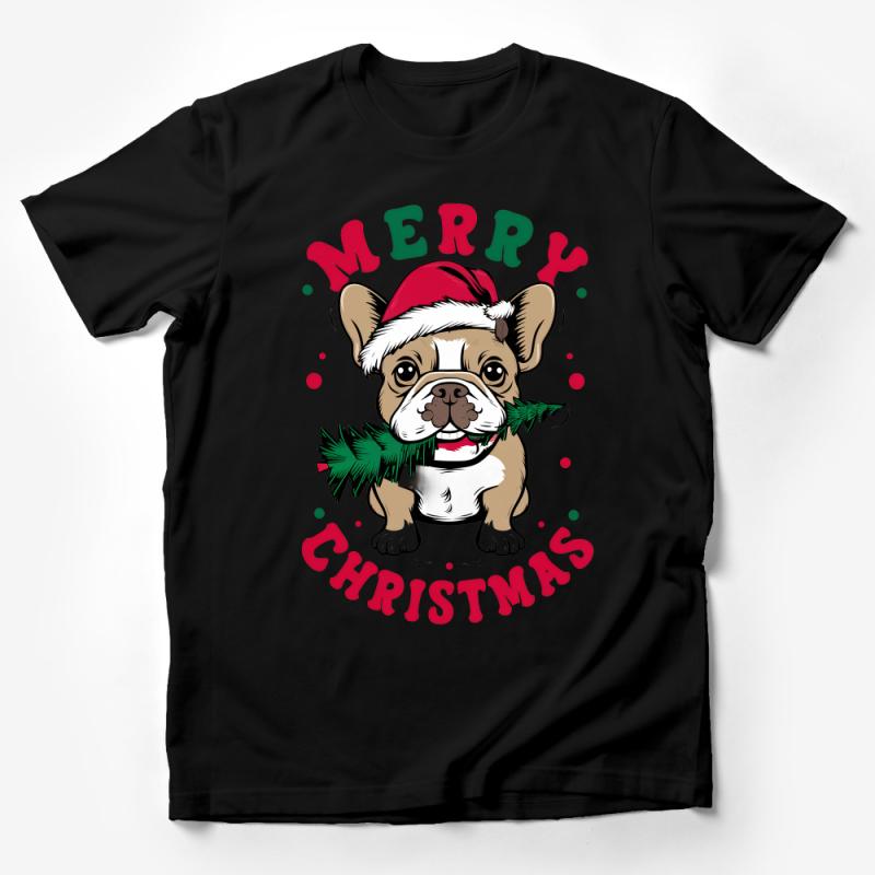 Festive French Bulldog Christmas T-Shirt, Santa Hat Puppy Holiday Tee, Cute Dog Lover Xmas Gift Male T-Shirt