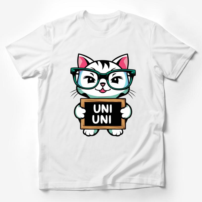 Cute Cat with Glasses T-Shirt, Adorable Kitten Holding Sign, Casual Unisex Tee, Animal Lover Gift, Graphic Shirt for All Ages Male T-Shirt