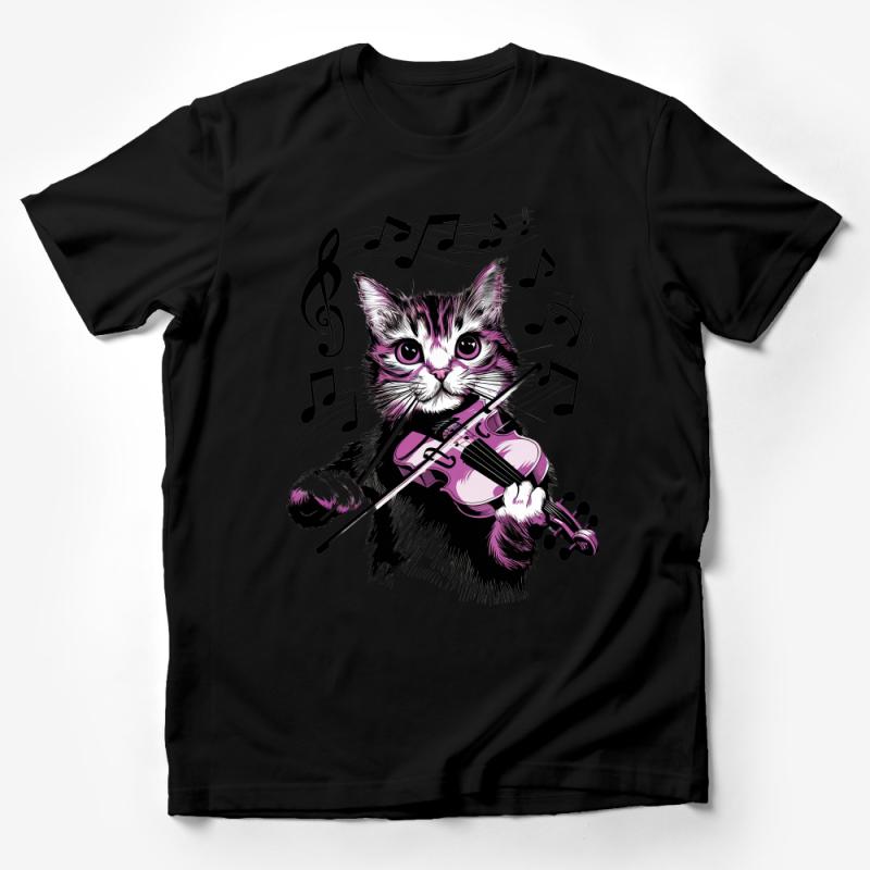 Musical Cat T-Shirt, Violin Playing Kitty Tee, Cute Feline with Music Notes, Unisex Cat Lover Gift, Animal Musician Casual Wear Male T-Shirt