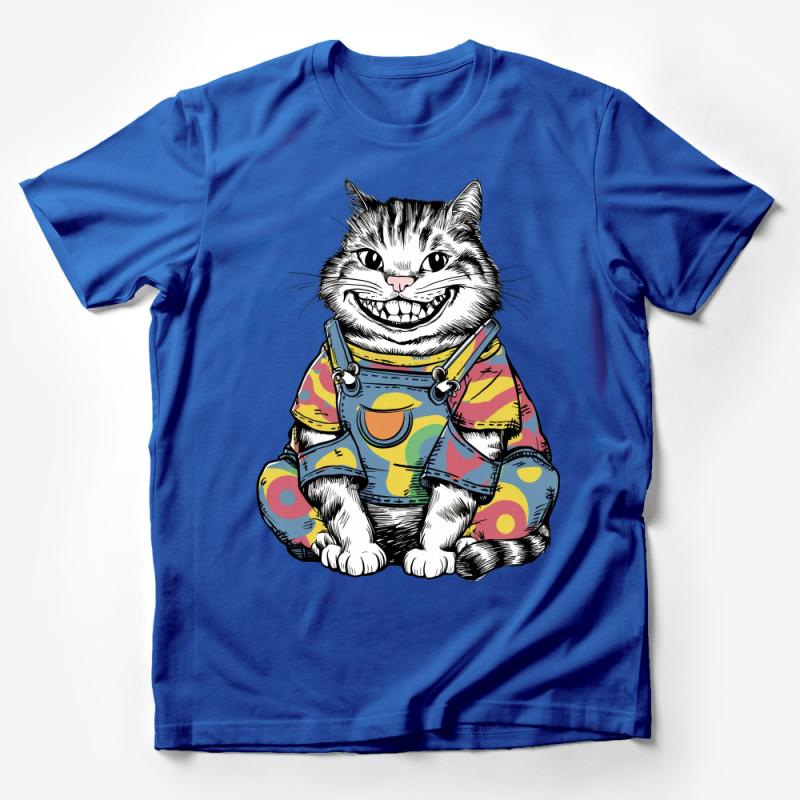 Smiling Cat T-Shirt, Funky Doodle Cat in Overalls Tee, Colorful Kitty Graphic Shirt, Casual Unisex Cat Lover Clothing Male T-Shirt