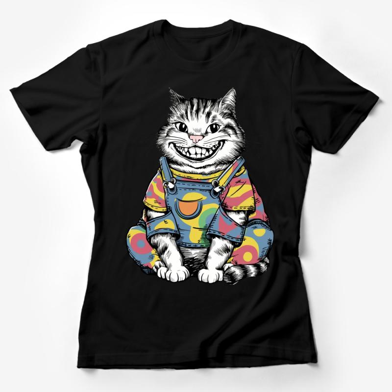 Smiling Cat T-Shirt, Funky Doodle Cat in Overalls Tee, Colorful Kitty Graphic Shirt, Casual Unisex Cat Lover Clothing Female T-Shirt