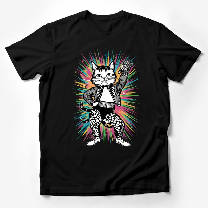 Cat Rock Star T-Shirt, Colorful Hip Cat with Microphone, Unisex Graphic Tee, Music Lover Gift, Funky Feline Concert Shirt, Cool Cat Tee Male T-Shirt