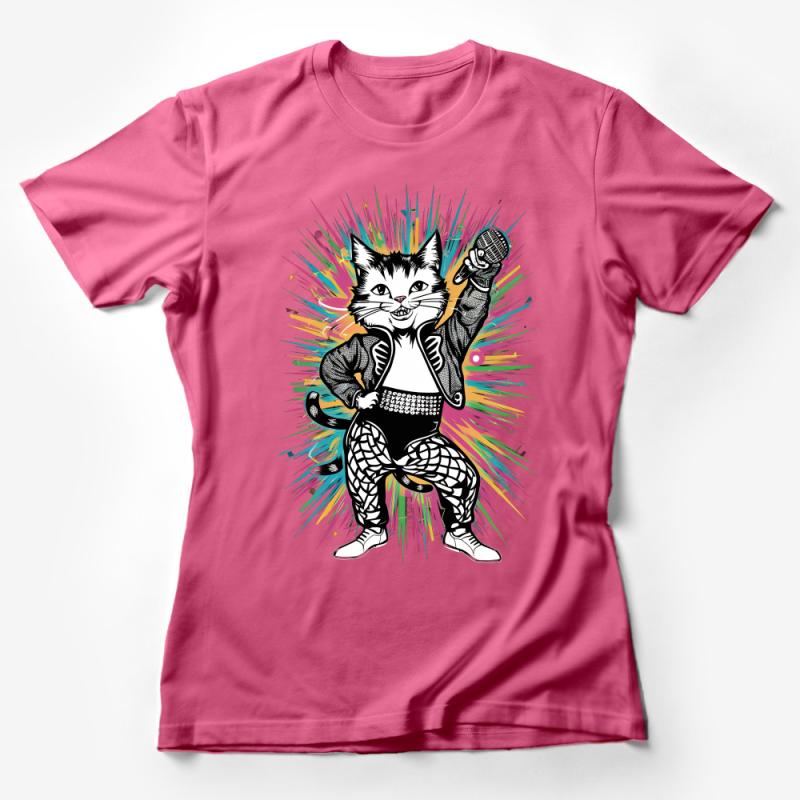 Cat Rock Star T-Shirt, Colorful Hip Cat with Microphone, Unisex Graphic Tee, Music Lover Gift, Funky Feline Concert Shirt, Cool Cat Tee Female T-Shirt