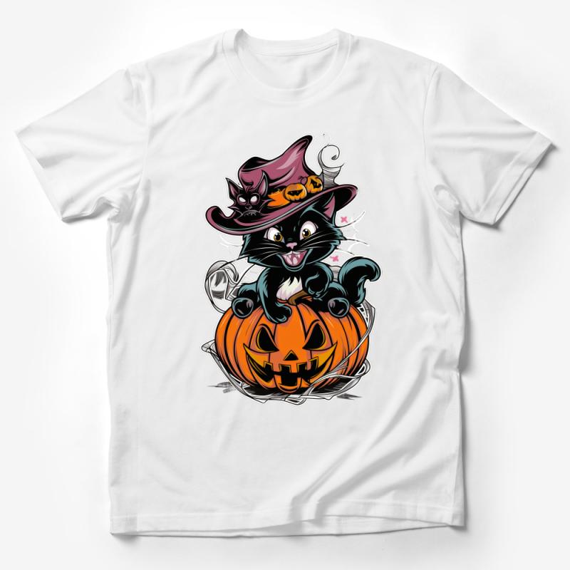 Halloween Cat and Pumpkin T-Shirt, Cute Witch Hat Kitty Graphic Tee, Spooky Fall Season Casual Apparel for All Ages Male T-Shirt