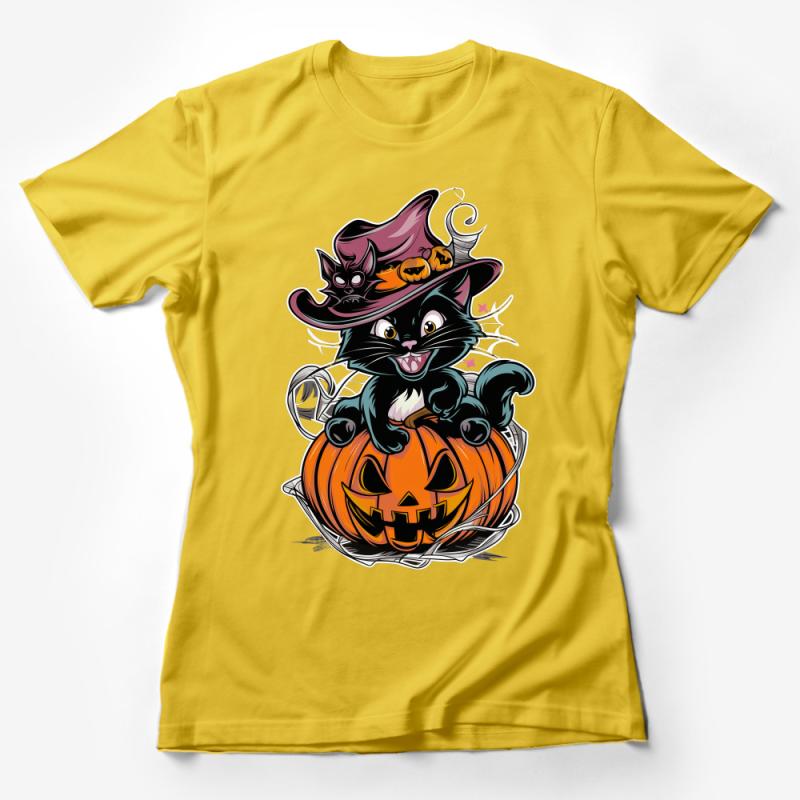 Halloween Cat and Pumpkin T-Shirt, Cute Witch Hat Kitty Graphic Tee, Spooky Fall Season Casual Apparel for All Ages Female T-Shirt