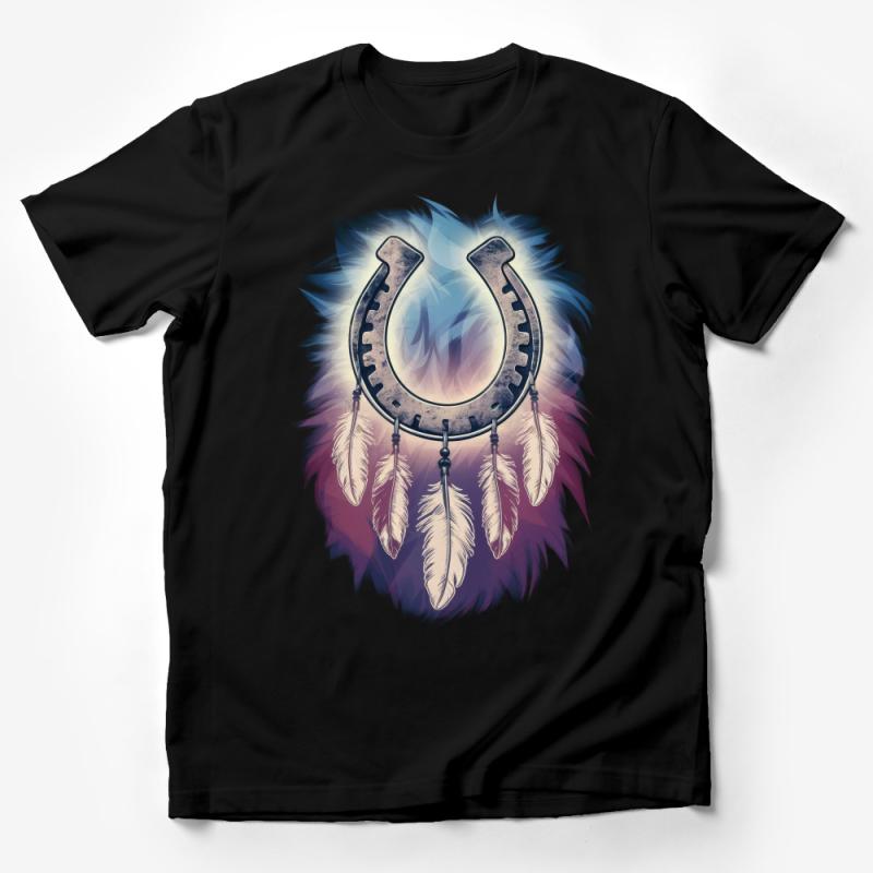 Rustic Horseshoe and Feathers Graphic T-Shirt, Boho Style Unisex Tee, Casual Western Shirt, Unique Graphic Tee for Nature Lovers Male T-Shirt