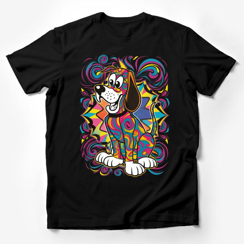 Colorful Psychedelic Dog T-Shirt, Vibrant Cartoon Animal Graphic Tee, Unisex Funky Streetwear Shirt, Gift for Dog Lovers Male T-Shirt