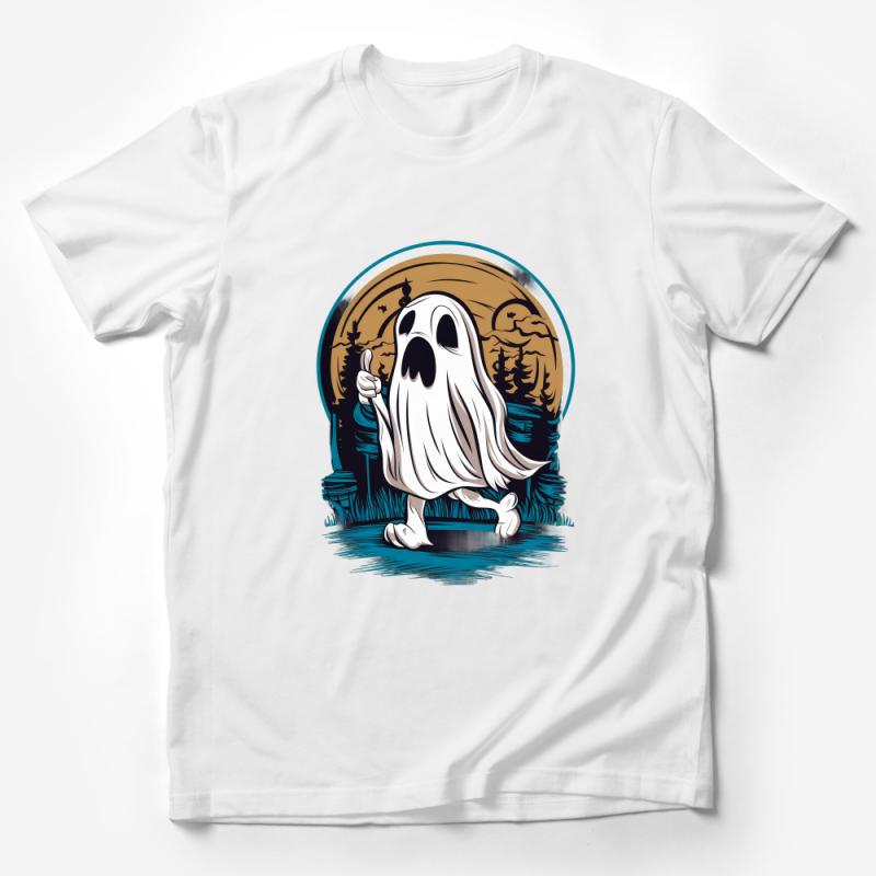 Cute Ghost Graphic Tee, Spooky Forest Scene, Fun Halloween T-Shirt, Unisex Casual Apparel, Graphic Tee for All Ages Male T-Shirt