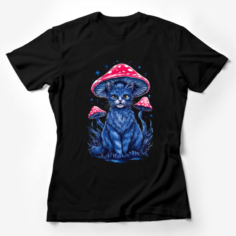 Whimsical Cat with Mushroom Hat T-Shirt, Fantasy Blue Kitty Tee, Unique Graphic Cat Lover Shirt, Artistic Apparel Female T-Shirt