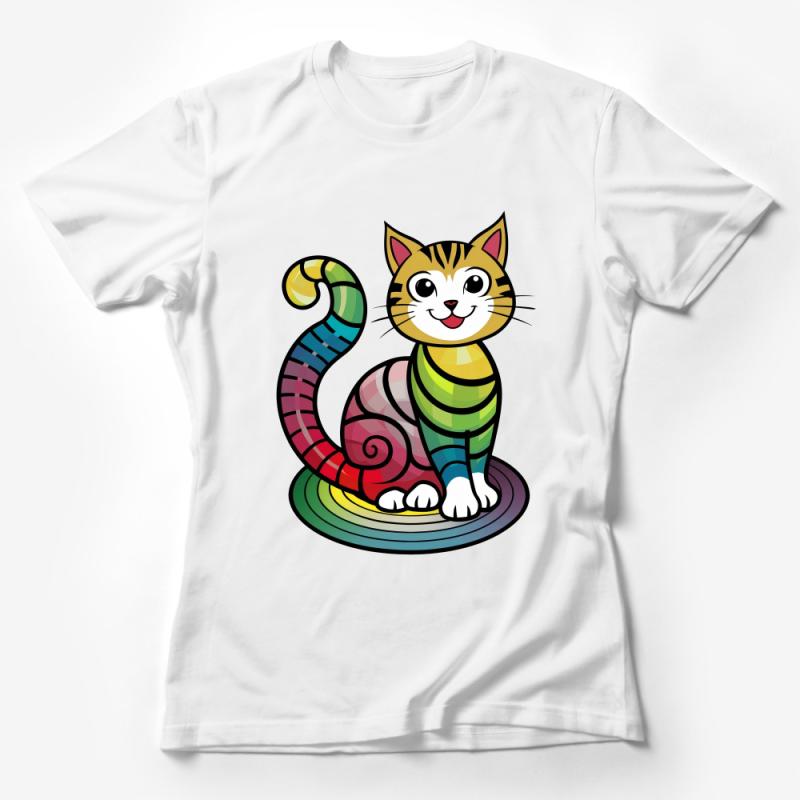 Colorful Striped Cat T-Shirt, Whimsical Feline Art Tee, Rainbow Kitty Shirt, Casual Comfortable Unisex Top, Unique Cat Lover Gift Female T-Shirt