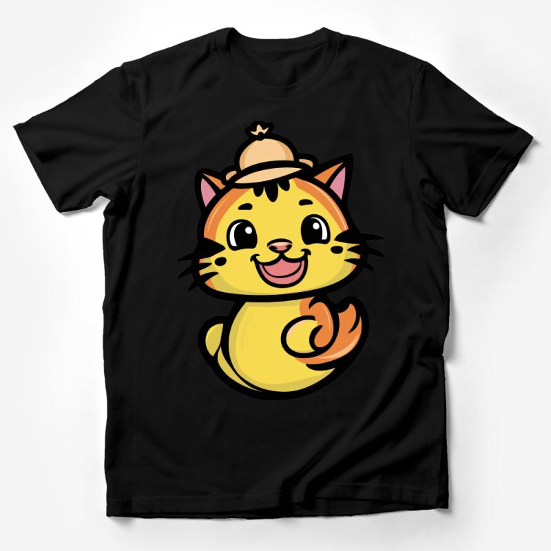 Cute Cartoon Cat T-Shirt, Whimsical Kitty with Hat, Unisex Graphic Tee, Casual Kitten Apparel, Fun Animal Shirt for All Ages Male T-Shirt