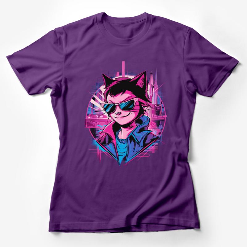 Vibrant Cool Cat with Sunglasses T-Shirt, Urban Style Graphic Tee, Hip Cat Lover Gift Apparel Female T-Shirt