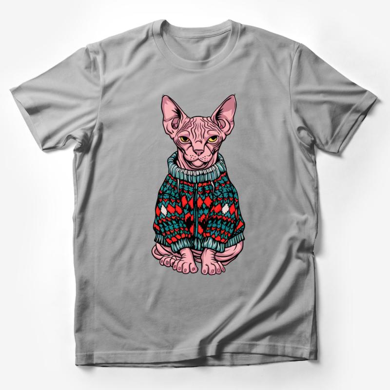 Hipster Sphynx Cat T-Shirt, Quirky Cat Lover Tee, Unisex Graphic Shirt, Cozy Animal Winter Apparel, Casual Fashion Top Male T-Shirt