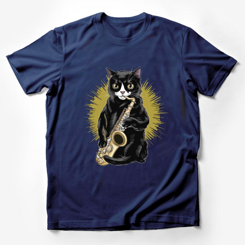 Jazz Cat T-Shirt, Cool Cat Playing Saxophone, Musician Cat Tee, Cute Feline Lover Gift, Funky Animal Graphic Shirt, Unisex Apparel Male T-Shirt