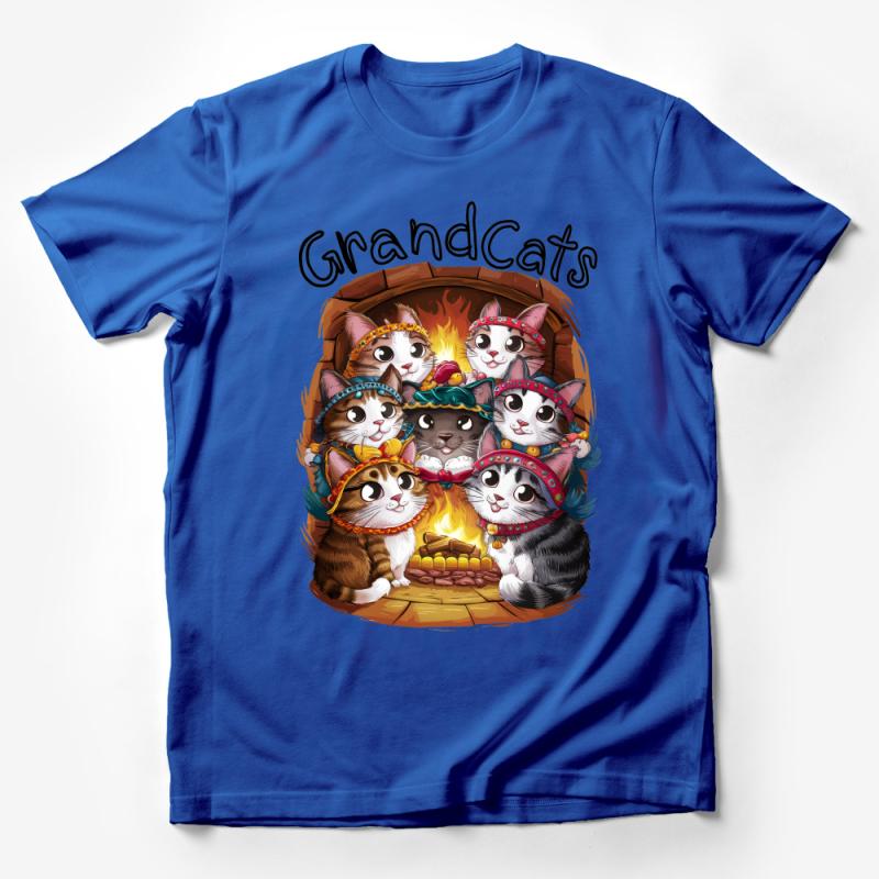 Grandcats Cute Cat Family Graphic Tee, Cozy Fireplace Kittens T-Shirt, Cat Lover Gift, Unisex Cat Bandana Print Shirt Male T-Shirt