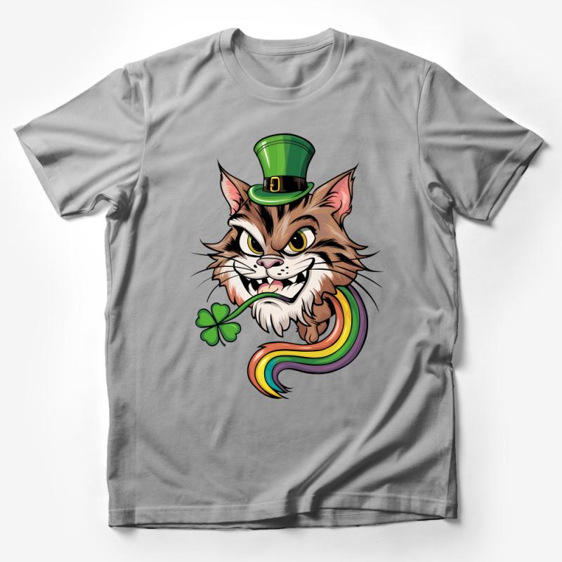 St. Patrick's Day Cat T-Shirt, Lucky Shamrock Clovers, Rainbow Graphic Tee, Unisex Adult Clothing, Irish Celebration Shirt, Fun Holiday Outfit Male T-Shirt