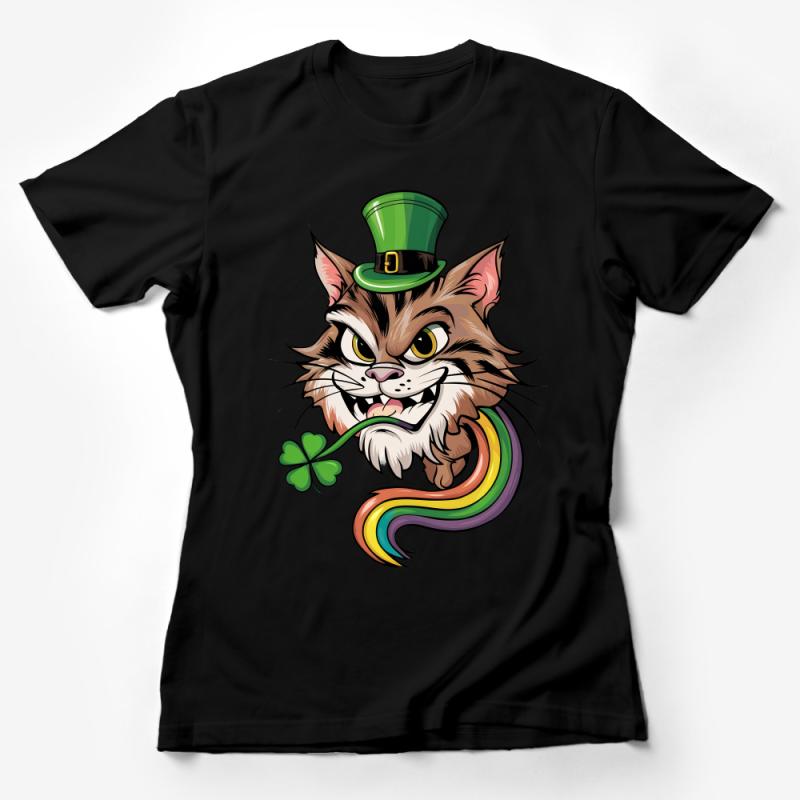 St. Patrick's Day Cat T-Shirt, Lucky Shamrock Clovers, Rainbow Graphic Tee, Unisex Adult Clothing, Irish Celebration Shirt, Fun Holiday Outfit Female T-Shirt