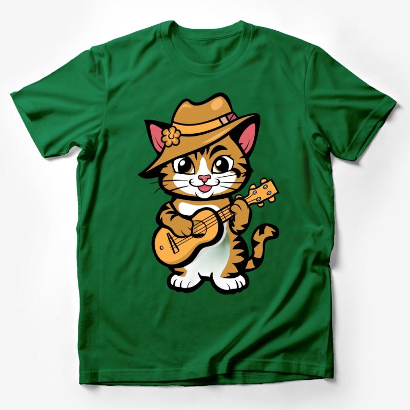 Cute Cat with Guitar T-Shirt, Musical Kitten Graphic Tee, Cartoon Cat Musician Shirt, Unisex Clothing Gift Male T-Shirt