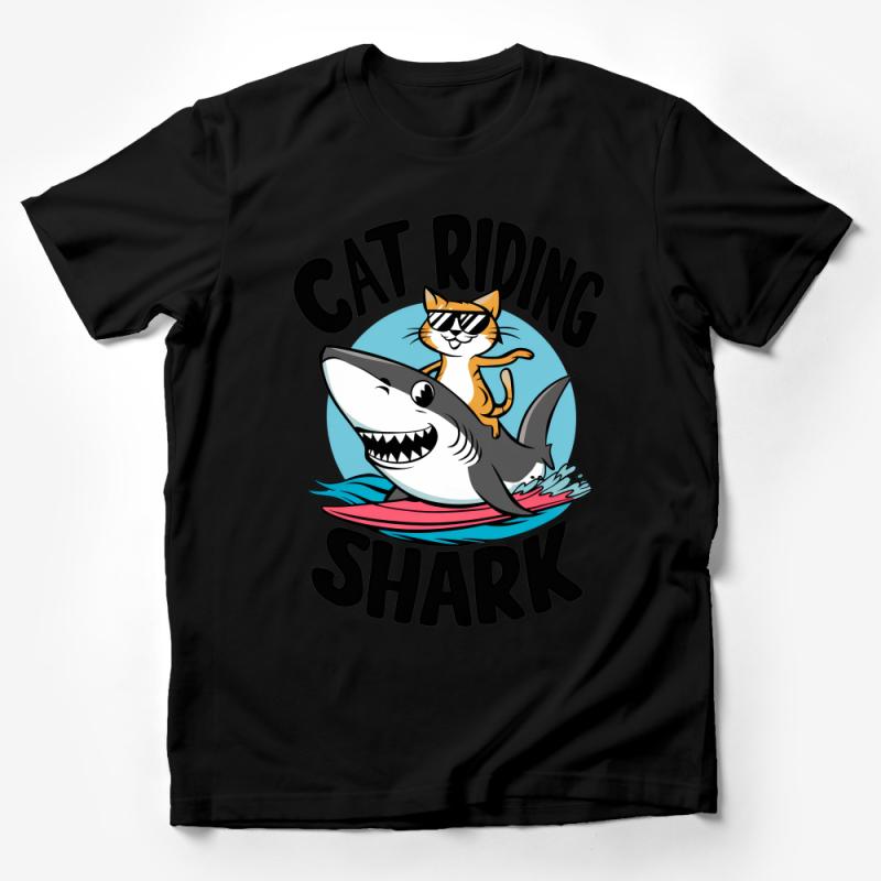 Unisex Cat Riding Shark T-Shirt, Funny Graphic Tee, Surfing Animal Lover Shirt, Cool Summer Beachwear, Unique Casual Tops, Gift Idea Male T-Shirt