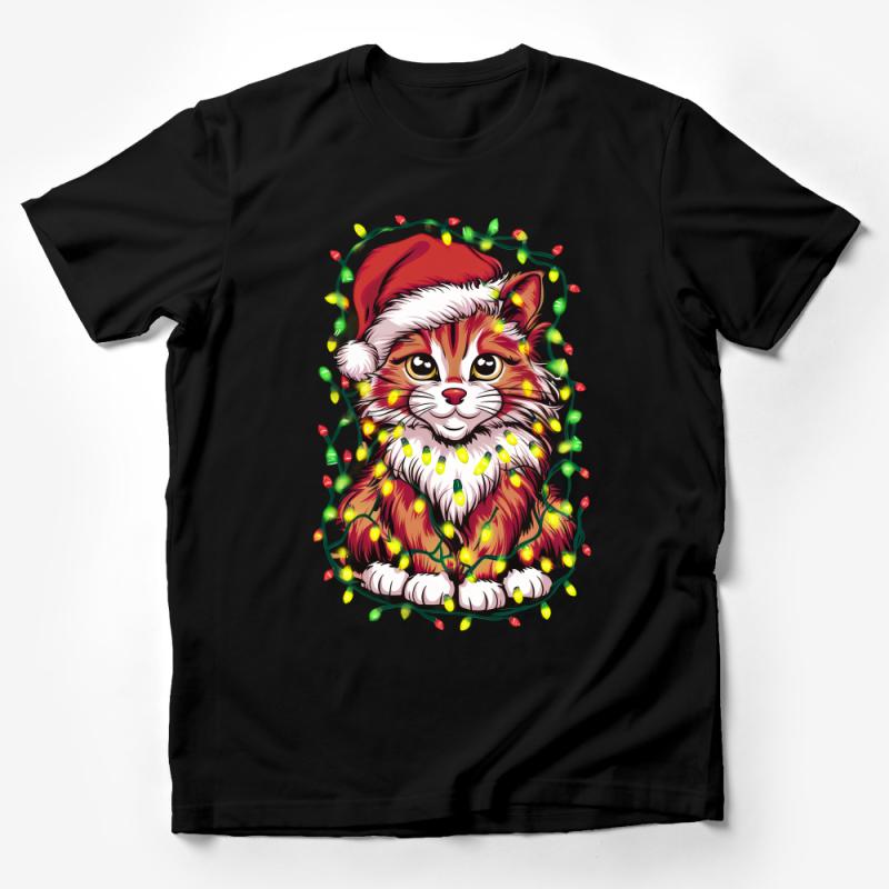 Christmas Cat T-Shirt, Festive Kitten with Santa Hat and Lights, Holiday Graphic Tee, Animal Lover Gift Idea, Unisex Apparel Male T-Shirt