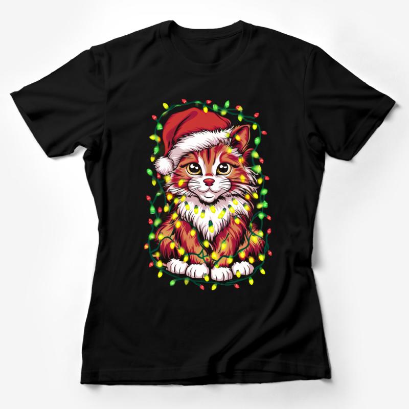 Christmas Cat T-Shirt, Festive Kitten with Santa Hat and Lights, Holiday Graphic Tee, Animal Lover Gift Idea, Unisex Apparel Female T-Shirt