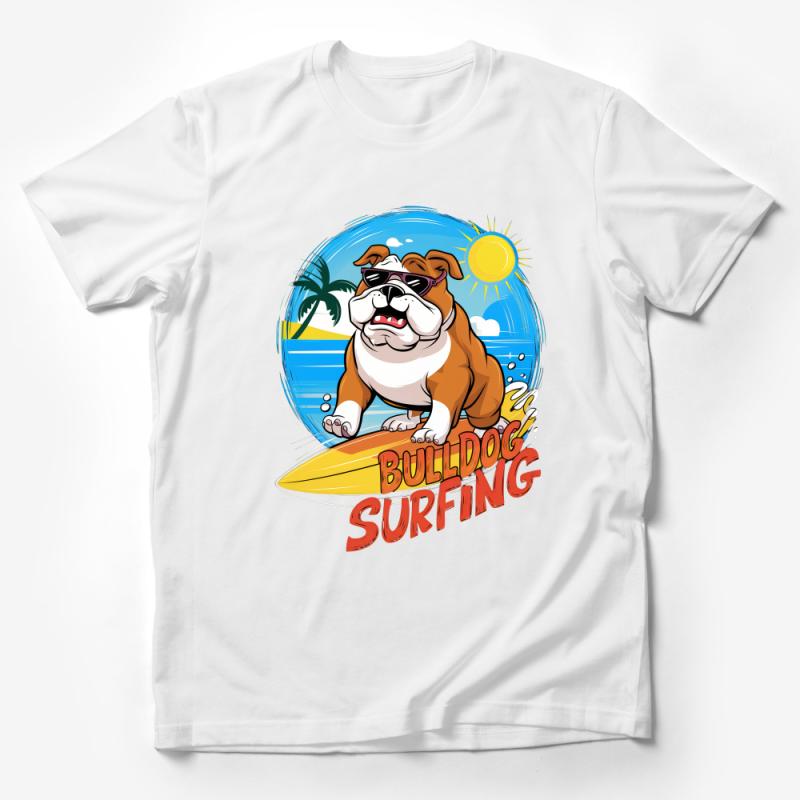 Bulldog Surfing T-Shirt, Summer Beach Dog Tee, Cute Canine Surfer Graphic, Unisex Ocean Shirt, Gift for Dog Lovers, Sun Waves Apparel Male T-Shirt