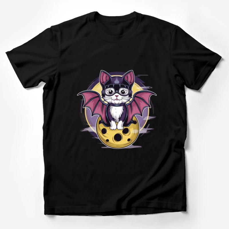 Cute Bat Cat T-Shirt, Whimsical Cat in Bat Costume, Kawaii Moon Kitty Tee, Soft Unisex Graphic Shirt, Halloween Cat Lover Gift Idea Male T-Shirt