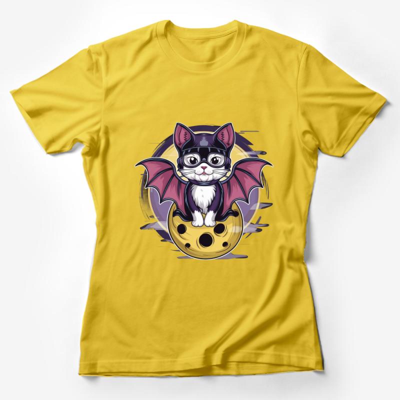 Cute Bat Cat T-Shirt, Whimsical Cat in Bat Costume, Kawaii Moon Kitty Tee, Soft Unisex Graphic Shirt, Halloween Cat Lover Gift Idea Female T-Shirt