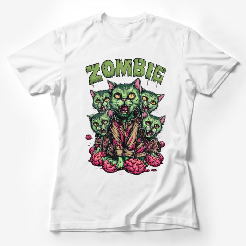 Zombie Cat T-Shirt, Unique Horror Kitty Tee, Multi-Head Feline Zombie Graphic, Creepy Cute Apparel Female T-Shirt