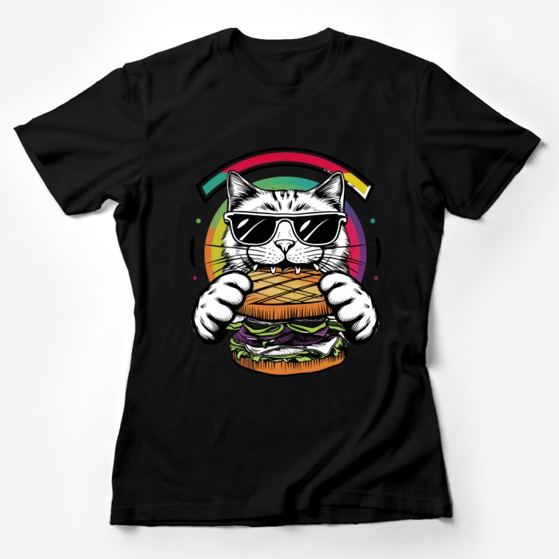 Cool Cat Burger T-Shirt, Funny Cat with Sunglasses, Rainbow Graphic Tee, Unisex Casual Shirt, Hipster Cat Apparel, Food Lover Gift Female T-Shirt