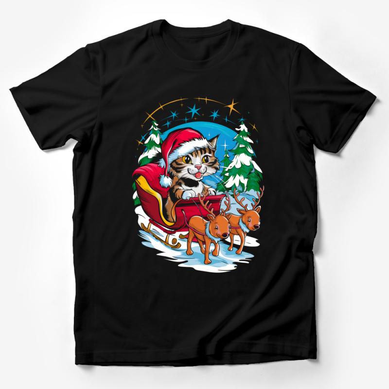 Christmas Cat T-Shirt, Funny Santa Hat Kitty, Holiday Reindeer Sleigh Graphic Tee, Xmas Party Clothing, Unisex Winter Fashion Top Male T-Shirt