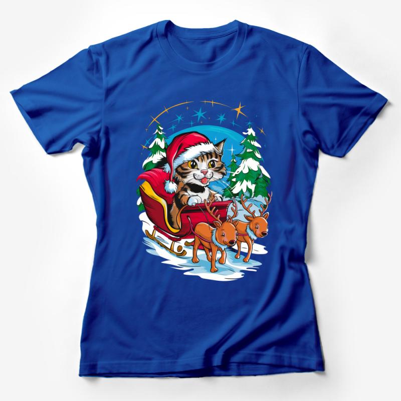 Christmas Cat T-Shirt, Funny Santa Hat Kitty, Holiday Reindeer Sleigh Graphic Tee, Xmas Party Clothing, Unisex Winter Fashion Top Female T-Shirt