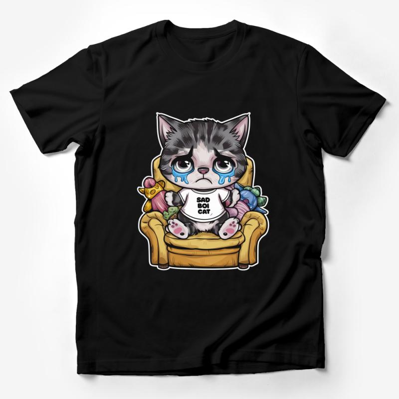 Cute Sad Boy Cat T-Shirt, Adorable Kitten Tee, Cartoon Animal Graphic Shirt, Casual Fashion Top, Gift for Cat Lovers, Unisex Tee Male T-Shirt