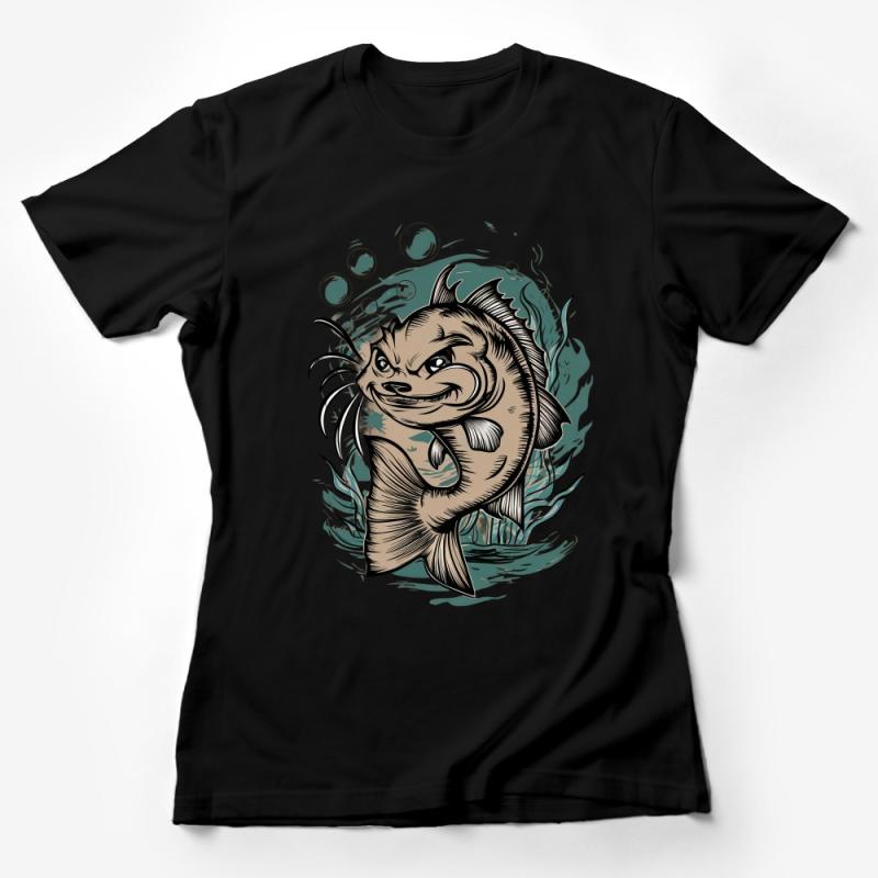 Angry Catfish Graphic Tee, Unique Fishing Shirt, Wildlife Art, Angler Gift, Outdoorsy Apparel, Bold Illustration T-shirt Female T-Shirt