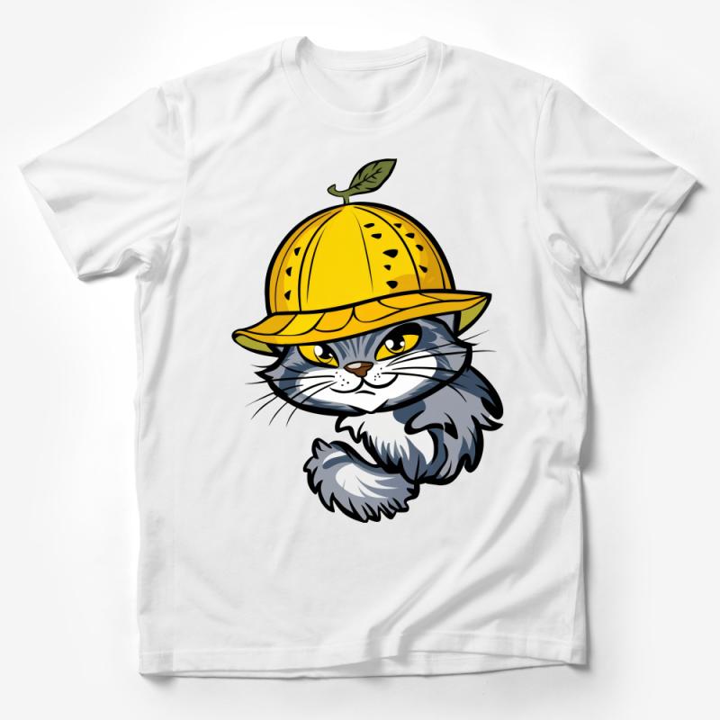 Cute Cartoon Cat T-Shirt with Yellow Helmet, Funny Feline Construction Worker Tee, Unisex Graphic Shirt for Cat Lovers Male T-Shirt