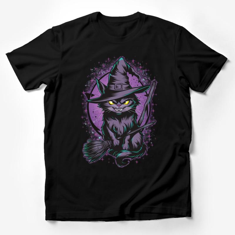 Witchy Cat T-Shirt, Halloween Kitty with Hat, Magical Feline Graphic Tee, Purple Starry Night Design, Unisex Adult Clothing Male T-Shirt