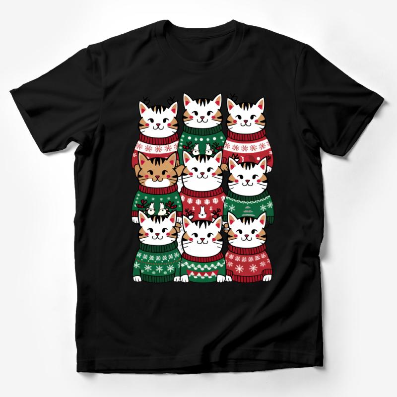 Cute Cat Christmas Sweater T-Shirt, Unisex Holiday Tee, Festive Kitty Pattern, Xmas Gift Idea Male T-Shirt