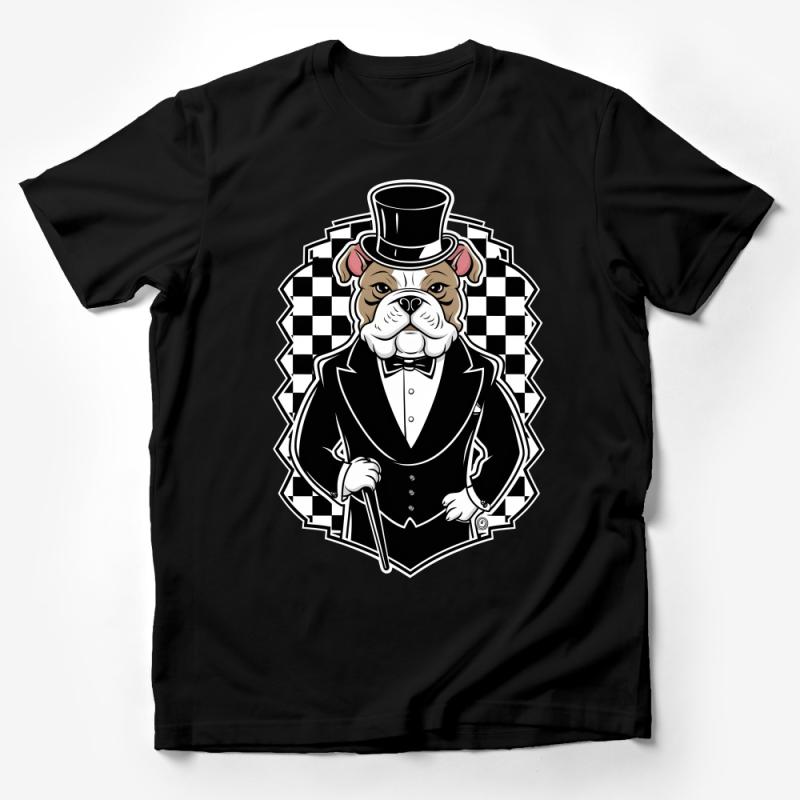 Gentleman Bulldog T-Shirt, Dapper Dog Tee, Stylish Pet with Cane and Top Hat, Animal Lover Gift, Checkered Background, Unique Graphic Shirt Male T-Shirt