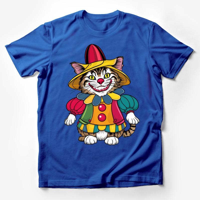 Whimsical Cat in Jester Hat T-Shirt, Colorful Clown Kitty Tee, Unisex Cartoon Cat Lover Gift, Fun Animal Apparel for All Ages Male T-Shirt