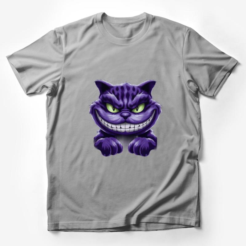 Purple Cheshire Cat T-Shirt, Whimsical Fantasy Cat Tee, Unisex Graphic Tee, Alice in Wonderland Inspired Shirt Male T-Shirt