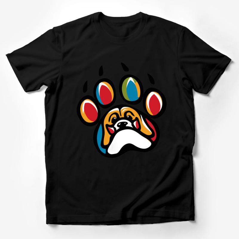 Colorful Paw Print with Dog Face Unisex T-Shirt, Artistic Animal Lover Tee, Casual Comfortable Cotton Clothing, Gift for Pet Owners Male T-Shirt