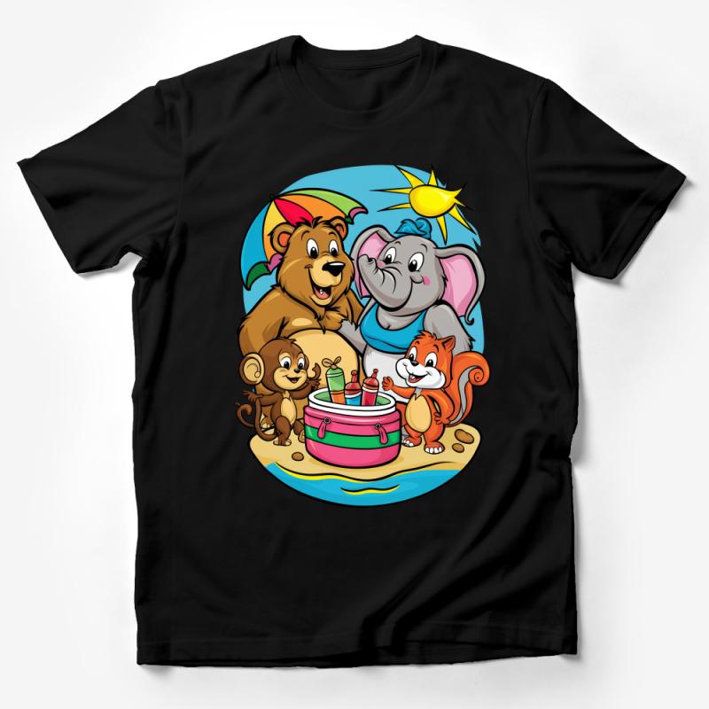 Kids Animal Beach Party T-Shirt, Cute Cartoon Bear Elephant Squirrel Monkey Tee, Summer Vacation Shirt for Children Male T-Shirt