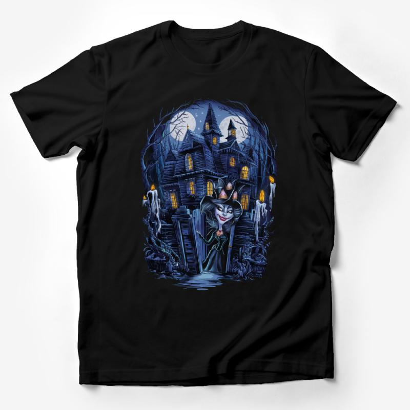 Gothic Witch T-Shirt, Spooky Haunted House, Halloween Full Moon Tee, Dark Fantasy Art Clothing, Creepy Mansion Graphic Shirt Male T-Shirt