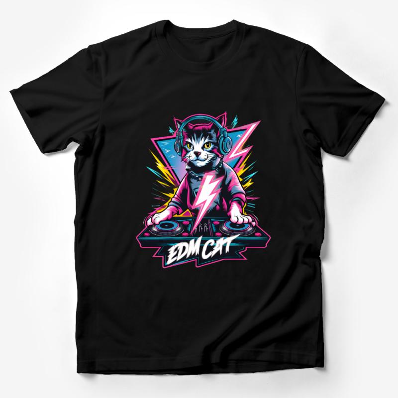 EDM Cat T-Shirt, DJ Cat with Headphones, Music Lover Graphic Tee, Unisex T-shirt, Cool Cat Design, Neon Lightning Print, Gift for DJ Male T-Shirt